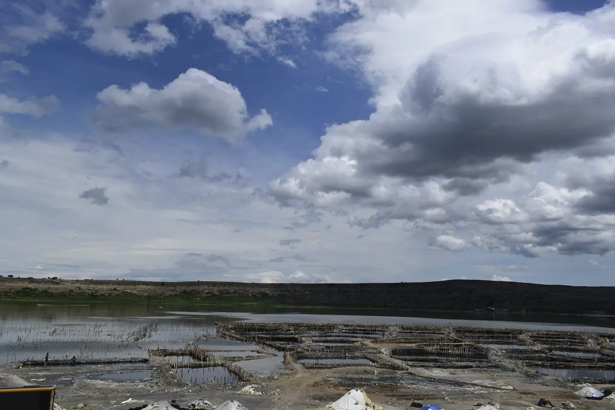 Zoutpannen langs de oever van het Katwemeer onder een dramatische wolkenlucht