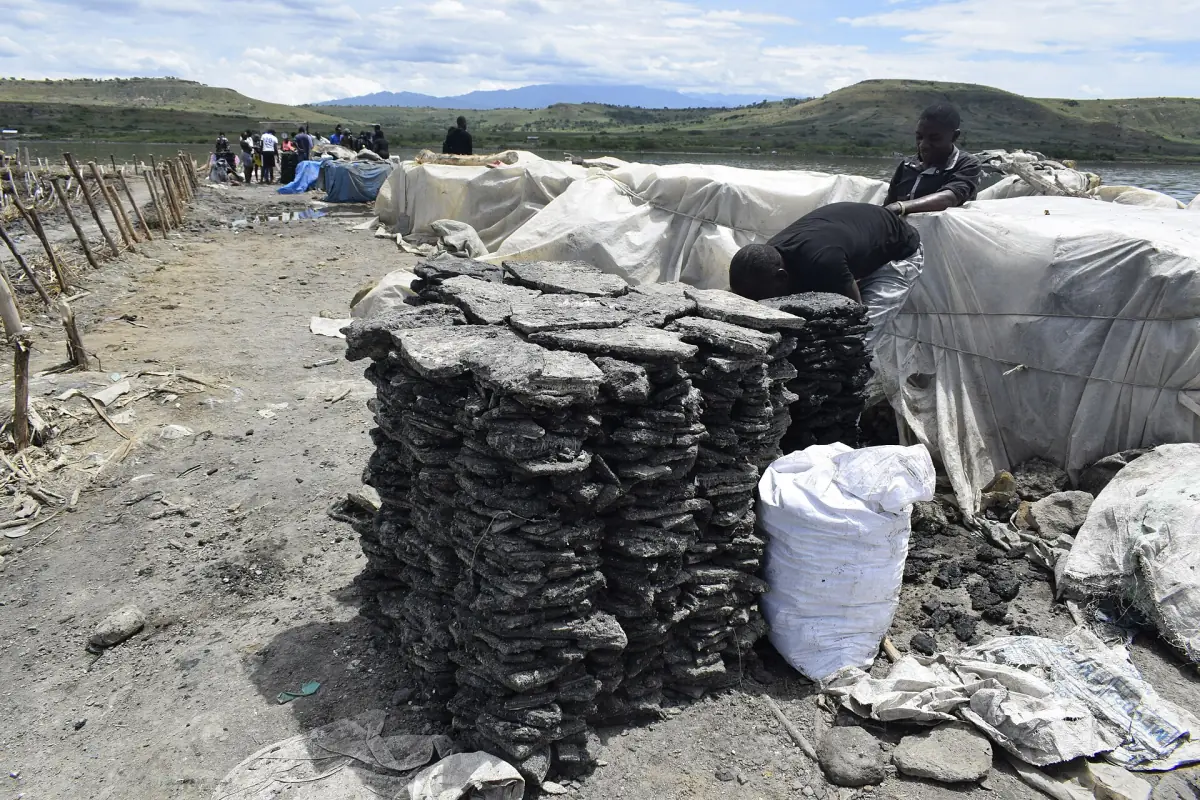 Stacks of salt slabs under tarpaulins at the Lake Katwe salt works