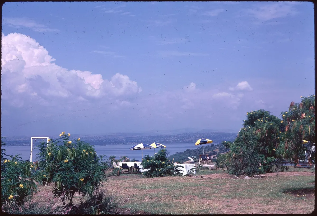 An old slide photo looking across the water from the Mweya peninsula
